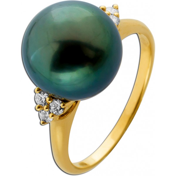 Perlenring 12mm Gold 585 14K Brillanten Tahiti Perle AAA++ Schwarz
