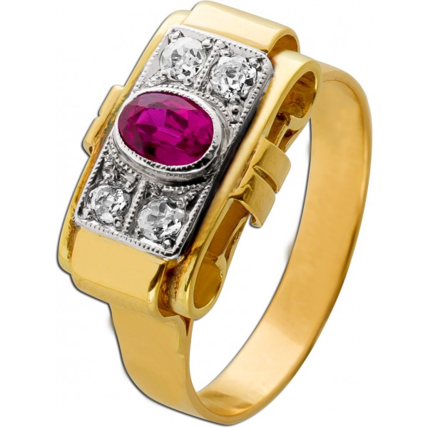 Rubinring Gold 585 14K roter Rubin 1.1ct Diamanten 0.16ct Antikschmuck