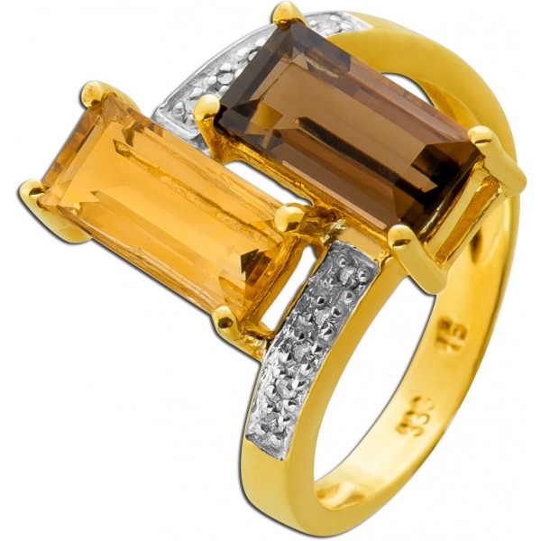 Citrinring Gold 333 8K gelber Citrin brauner Rauchquarz Diamanten 
