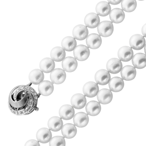 Perlenkette 2-reihig Akoyaperlen Diamanten 0.20ct Weissgold 585 14K