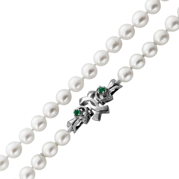 Perlenkette 58cm Akoyaperlen 7-6.5mm grüne Smaragde Antikschmuck