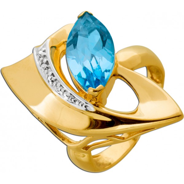 Blautopas Ring Gold 585 14K karibikblauer Blautopas Diamanten 0.03ct