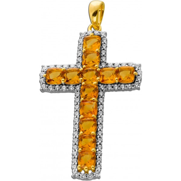 Kreuz Anhänger Silber vergoldet nat. Citrin Edelsteine 4ct weisse Zirkonia