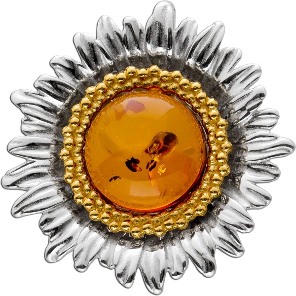 Sonnenblumen Anhänger Silber 925 teils vergoldet mit Cognac Bernstein 27x27mm