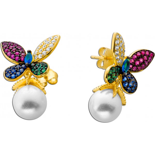 Schmetterling Ohrringe Silber vergoldet Muschelkernperlen Zirkonia Steine