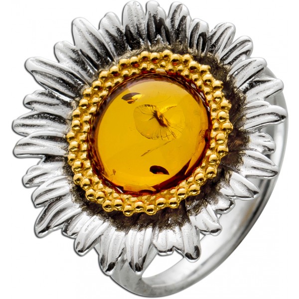 Sonnenblumen Ring Silber 925/- vergoldet mit Cognac Bernstein 17-20mm