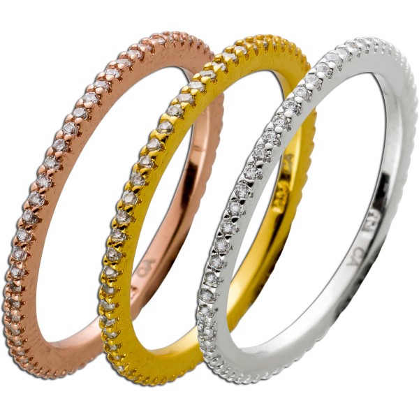 Memoire Alliance Ring Set 3-teilig Silber 925 Zirkonia mit Gelbgold Silber Rosé Finish Tricolor