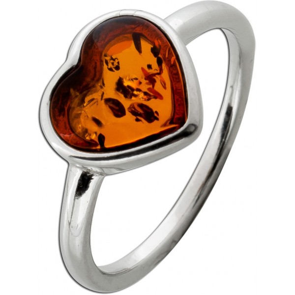 Bernstein Herzring Sterling Silber 925 cognac brauner Edelstein 