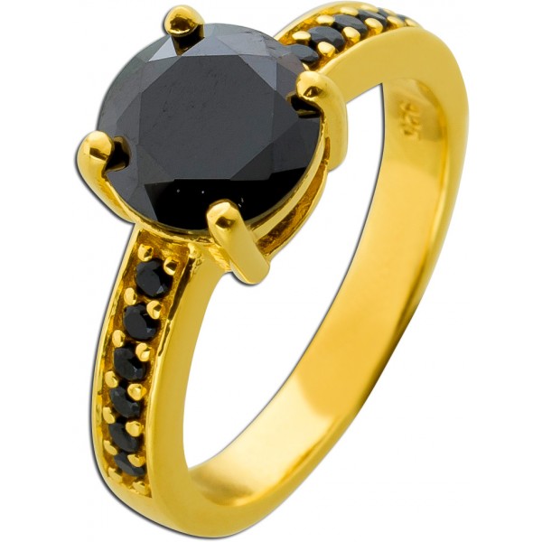 Zirkonia Ring Silber 925 vergoldet schwarzer Spinell Edelstein 2.5ct