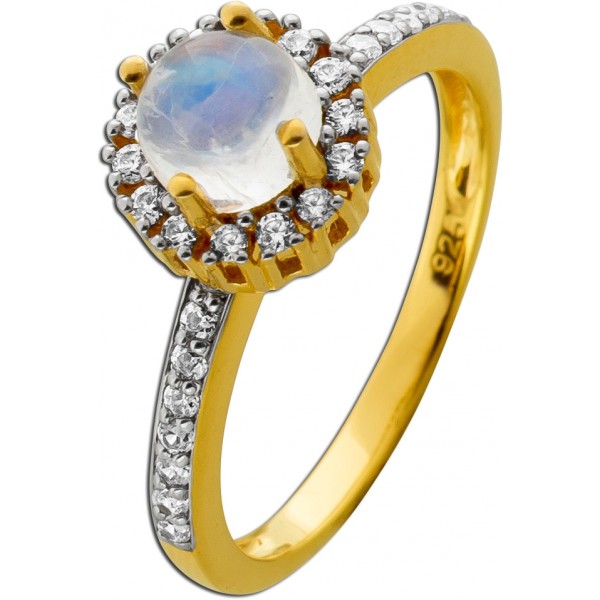 Mondstein Ring Silber vergoldet nat. Regenbogenmondstein weisse synth. Zirkonia