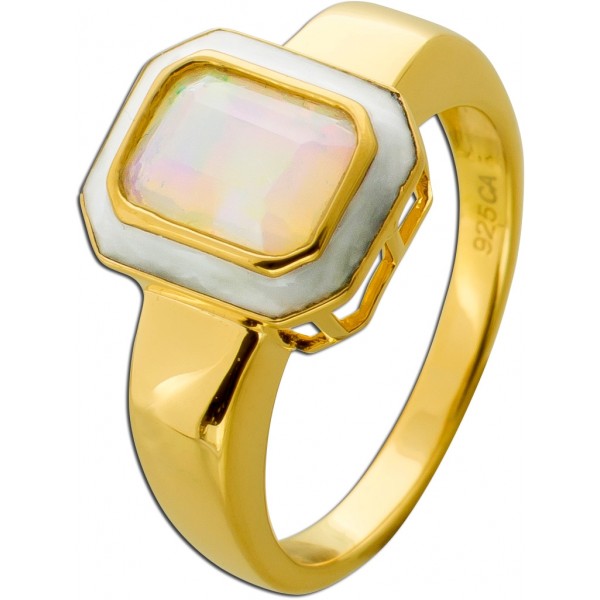 Opal Ring Silber vergoldet nat. äthiopischer Opal 1ct weiße Emaille