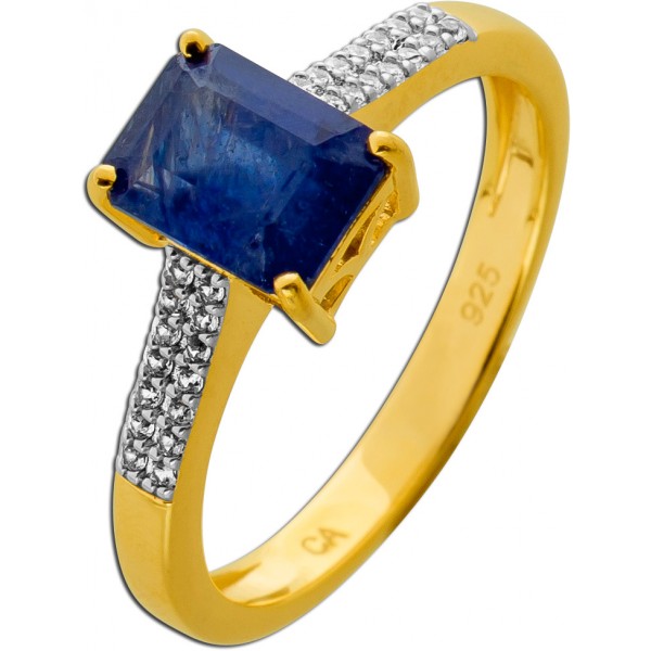 Saphir Ring Silber 925 vergoldet Natur Saphir 2.4ct Natur Zirkone 0.23ct