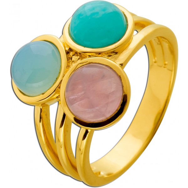 Rosenquarz Ring Silber vergoldet Natur Chalzedon Amazonit Rosenquarz