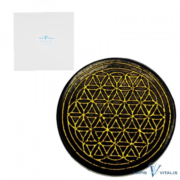 Schungit Untersetzer schwarzer Schungit Edelstein Blume des Lebens Gold