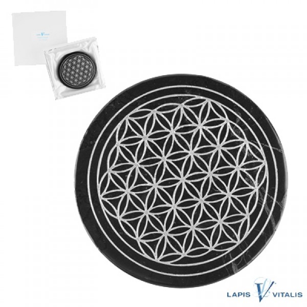 Schungit Untersetzer schwarzer Schungit Edelstein Blume des Lebens Silber