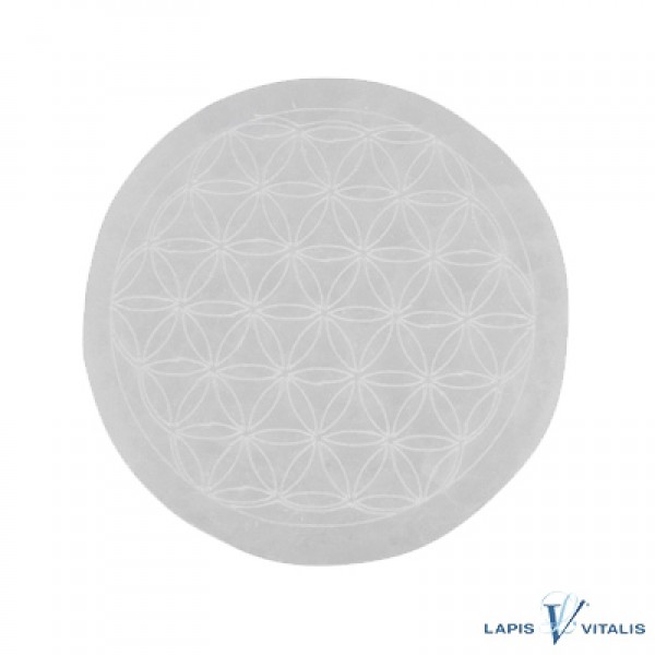 Selenit Scheibe Untersetzer Blume des Lebens weiße Gravur 10cm