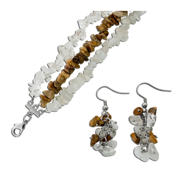 Mondstein Armband Kette Ohrhänger Set Bilderjaspis Bergkristall