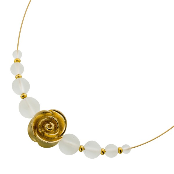 Bergkristall Collier Gelbgold vergoldet weiße Edelstein Kugeln Rose 