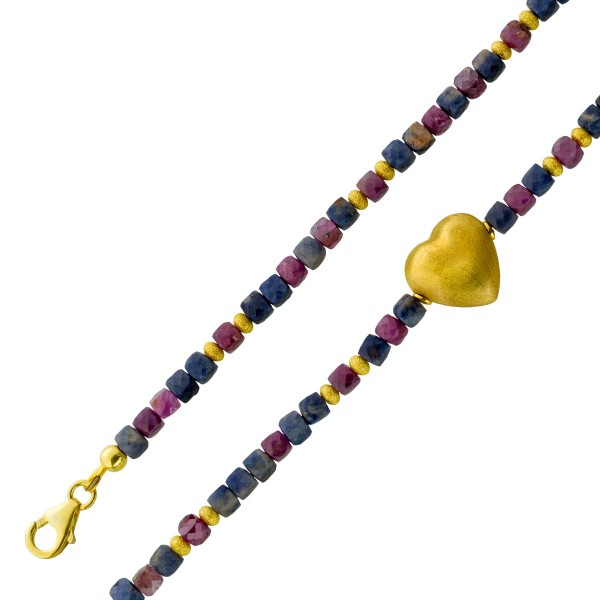 Saphir Herz Kette Silber vergoldet rote Rubine Natur Edelsteine