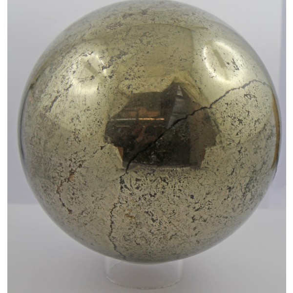 Pyrit Kugel Goldglänzend Naturstein handgeschnitzt poliert mit Plexiboden