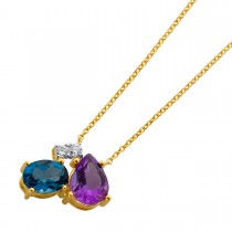 Ankerkette Gold 585 14K Natur Diamanten Nat Blautopas Nat Amethyst