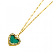 Malachit Herz Kette Gold 333 8K nat. Malachit weiße Zirkonia Steine