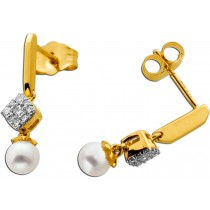 Perlen Ohrringe Gold 585 14K Diamanten 0.12ct Süßwasserperlen