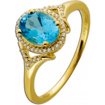 Blautopas Ring Gelbgold 585 14K wasserblauer Edelstein Brillanten 