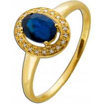 Saphirring Halo Gelbgold 585 14K blauer Edelstein Diamanten 0.05ct