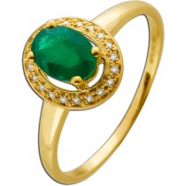 Smaragdring Halo Gelbgold 585 14K grüner Edelstein Brillanten 0.05ct 