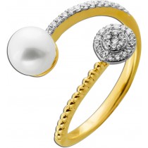 Perlen Ring Gold 585 14K Perle 6.8mm Natur Diamanten 0.20ct