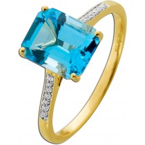 Blautopas Ring Gold 585 14K blauer Edelstein Natur Diamanten 0.06ct