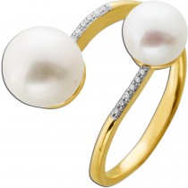 Perlen Ring Gold 585 14K Natur Diamanten 0.04ct Süßwasser Perlen