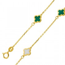 Kleeblatt Armband Gelbgold 585 14K weiße grüne Emaillie