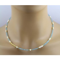 Perlenkette 47cm Süßwasserperlen Natur Aquamarin Edelsteine 