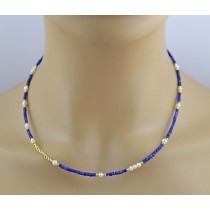 Perlenkette 47cm Süßwasserperlen Natur Lapislazuli
