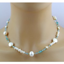 Perlenkette 47cm Süßwasserperlen Natur Aquamarin Apatit