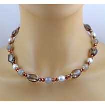 Perlenkette 47cm Süßwasserperlen Natur Rauchquarz Achat 