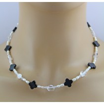 Perlenkette 47cm Süßwasserperlen schwarzer Natur Achat Bergkristall
