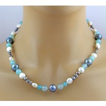 Perlenkette 47cm Süßwasserperlen blauer Natur Achat Edelstein