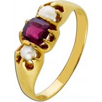 Perlen Ring Gelbgold 750 18K pinker Rubin 0.52ct  Antikschmuck