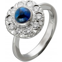 Saphirring Weißgold 585 14K blau Safir 1 ct Cabochon Diamanten 