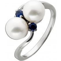Perlenring Weißgold 585 14K Akoyaperlen blaue Saphire 0.12ct 