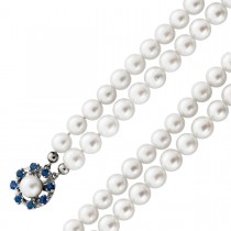 Perlenkette Weißgold 585 jap. Akoyaperlen 6.1mm blaue Saphire 0.64ct