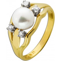 Perlen Ring Gold 585 14K Akoyaperle Diamanten Antikschmuck