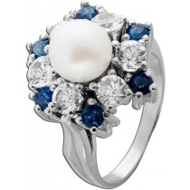 Saphirring Weißgold 585 14K Akoyaperle Antikschmuck