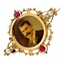 Kaiser Brosche Gold 333 8K rote Rubine Perlen Antikschmuck