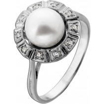 Perlenring Weißgold 585 14K Akoyaperle Diamanten Antikschmuck 