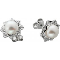 Perlen Ohrstecker Weißgold 585 14K Akoyaperlen 8mm Diamanten 