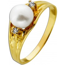 Perlenring Gold 585 14K  Akoyaperle Brillanten Antikschmuck